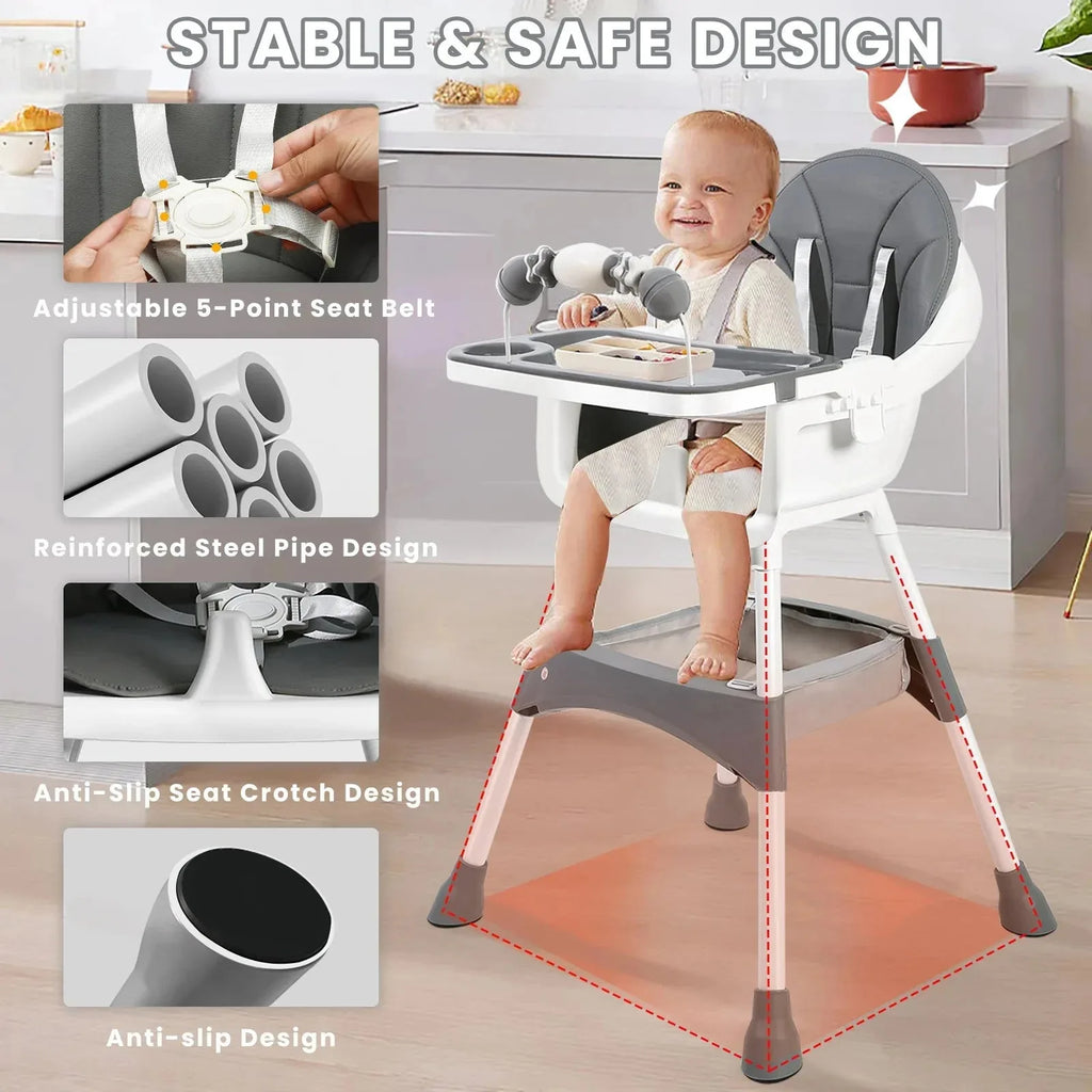 Portable Nova Mart convertible baby high chair with toy rack and double dinner plates, showing the seating and tray setup.