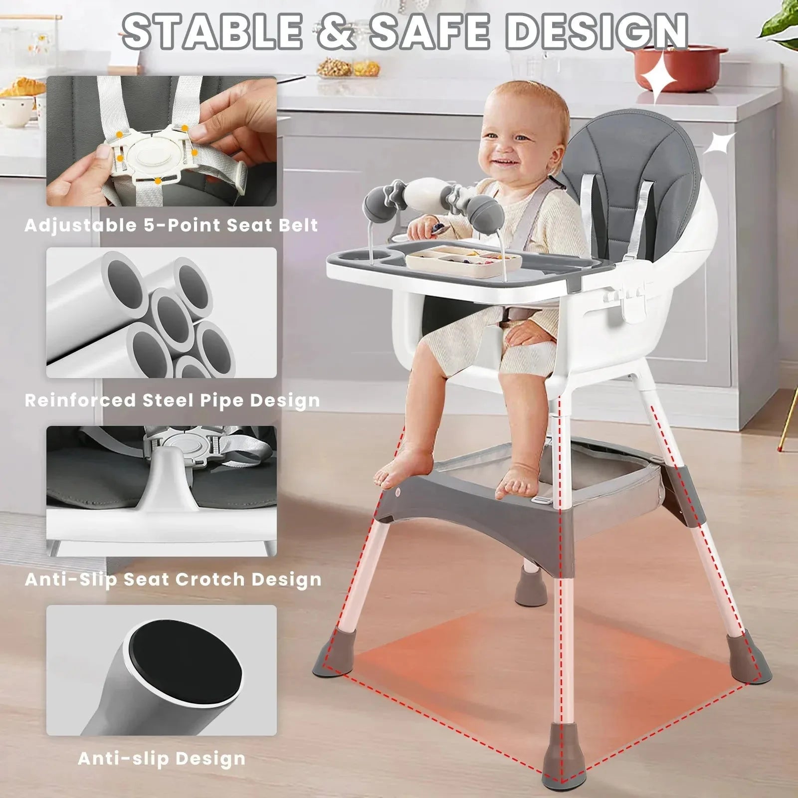 Portable Nova Mart convertible baby high chair with toy rack and double dinner plates, showing the seating and tray setup.