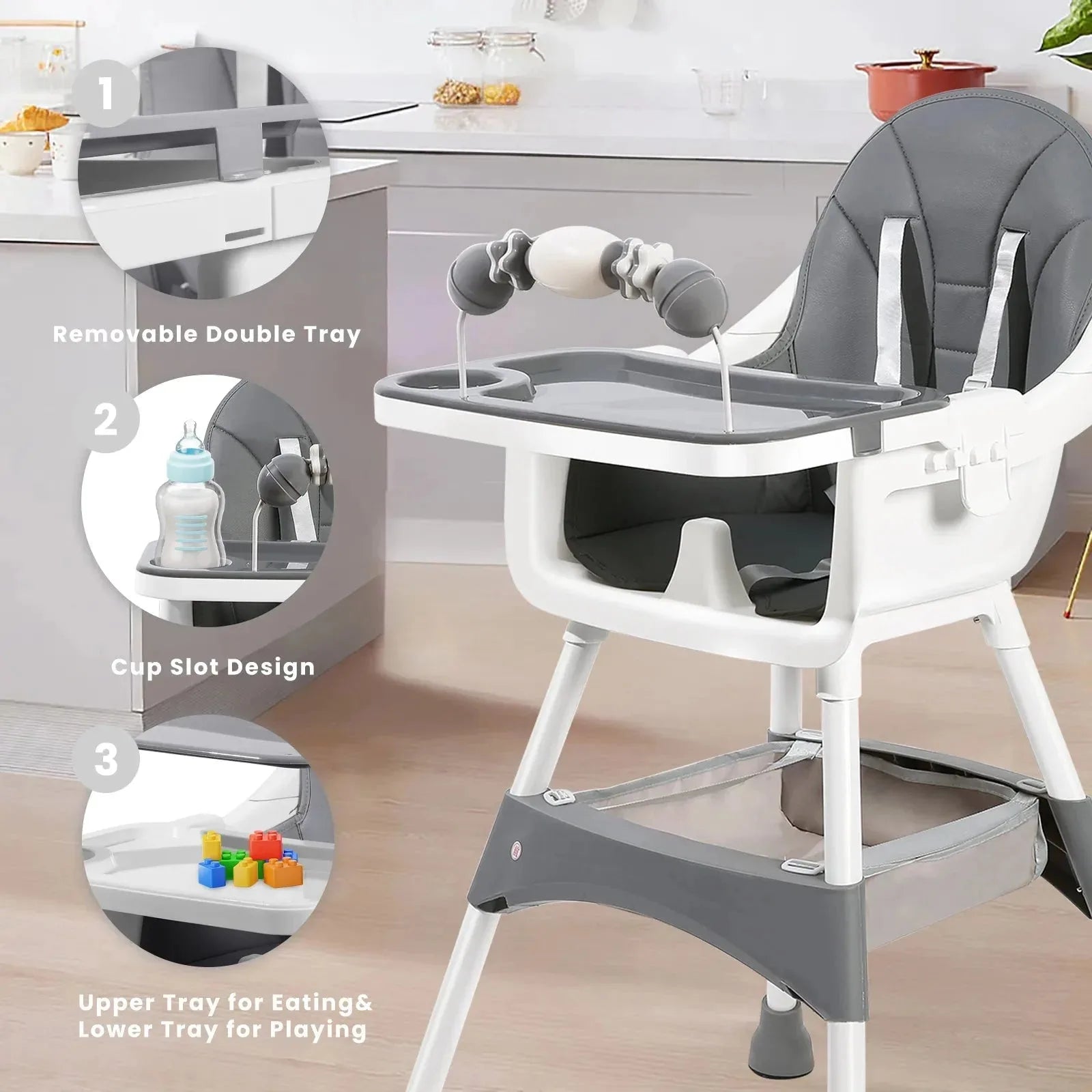 Portable Nova Mart convertible baby high chair with toy rack and double dinner plate, shown with adjustable seat and safety harness.