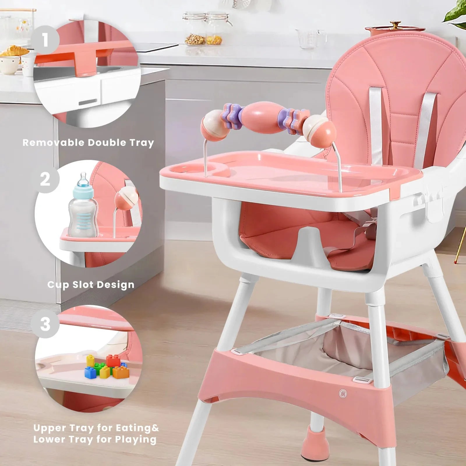 Portable Nova Mart convertible baby high chair with toy rack and double dinner plates, suitable for feeding and play.