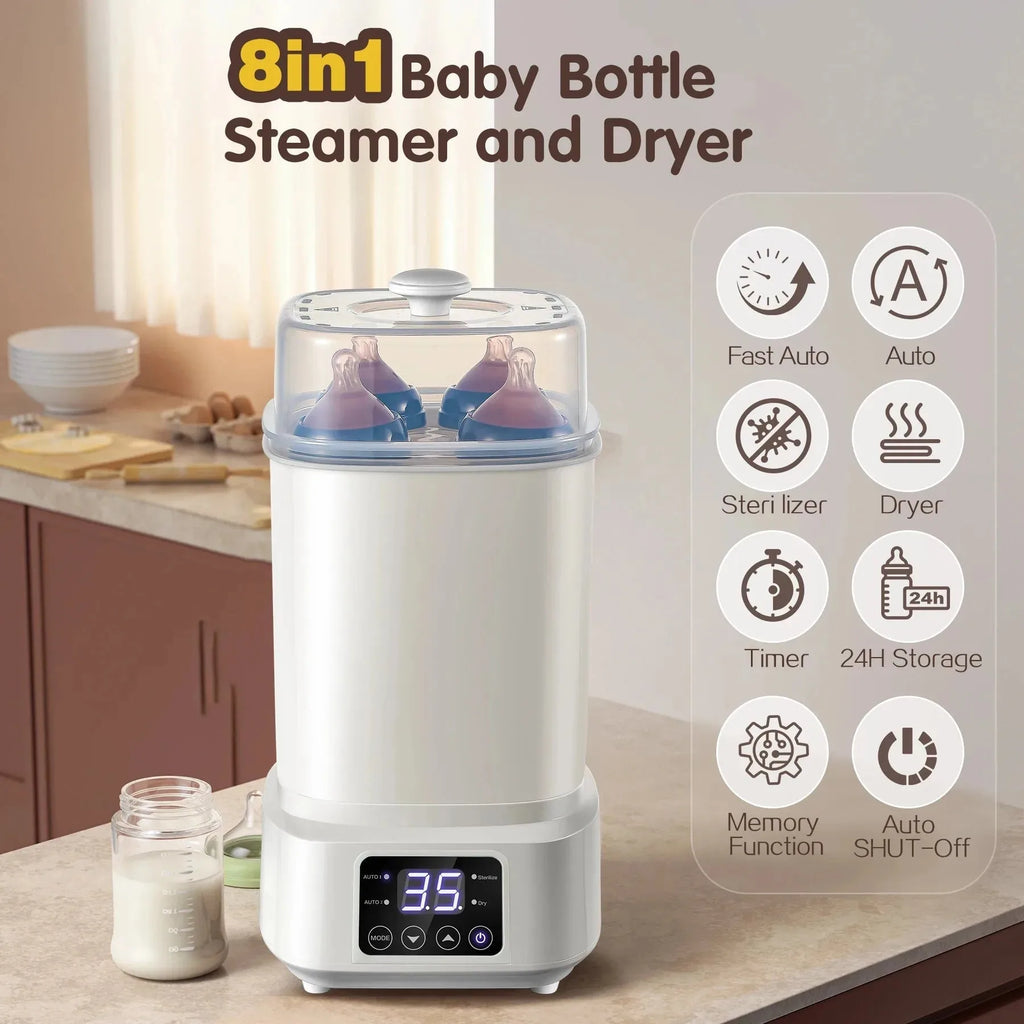 Nova Mart 8-in-1 baby bottle sterilizer and dryer, compact and fast-drying, ideal for travel with digital display and multiple sterilization modes.