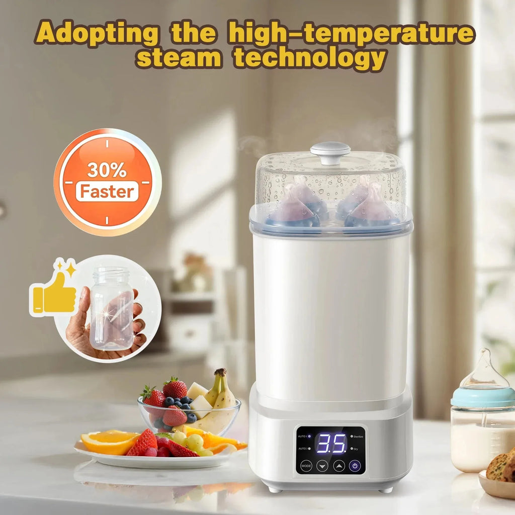 Compact Nova Mart 8-in-1 baby bottle sterilizer and dryer with fast 30-minute drying for travel and home use.