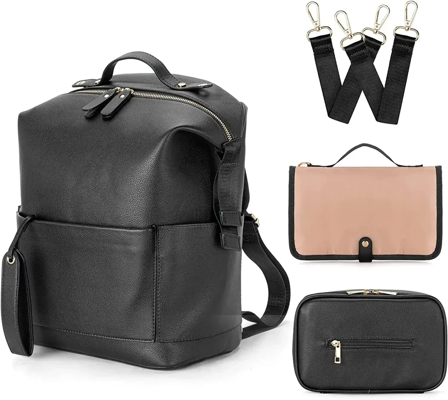 Nova Mart PU leather diaper backpack with changing pad and insulated pockets, designed for moms to carry baby essentials comfortably.