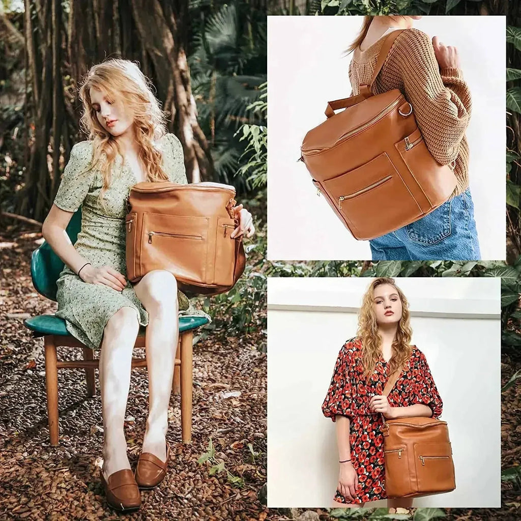 Nova Mart PU leather diaper backpack with changing pad and insulated pockets, featuring multiple compartments for mom and baby essentials.