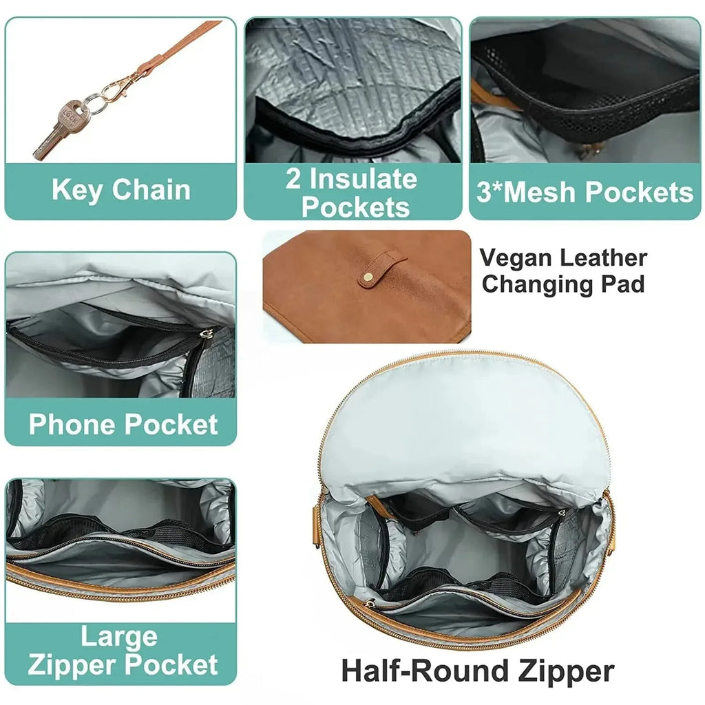 Nova Mart PU leather diaper backpack with changing pad and insulated pockets, stylish and functional mommy diaper bag.