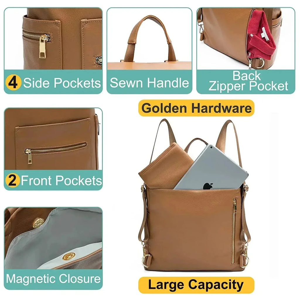Nova Mart PU leather diaper backpack with changing pad and insulated pockets, stylish and practical mommy bag for baby essentials.