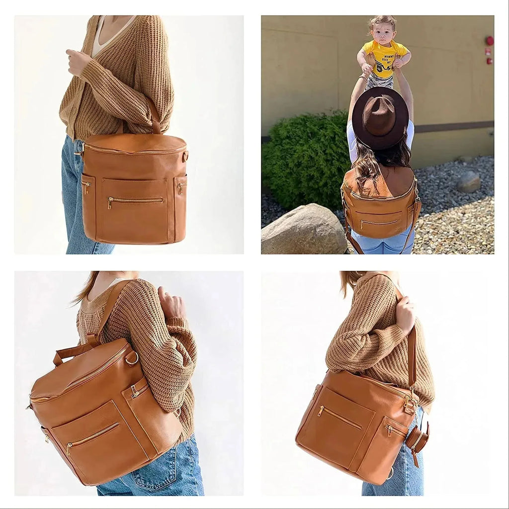 Nova Mart PU leather diaper bag with changing pad and insulated pockets, stylish mommy backpack for on-the-go parenting.