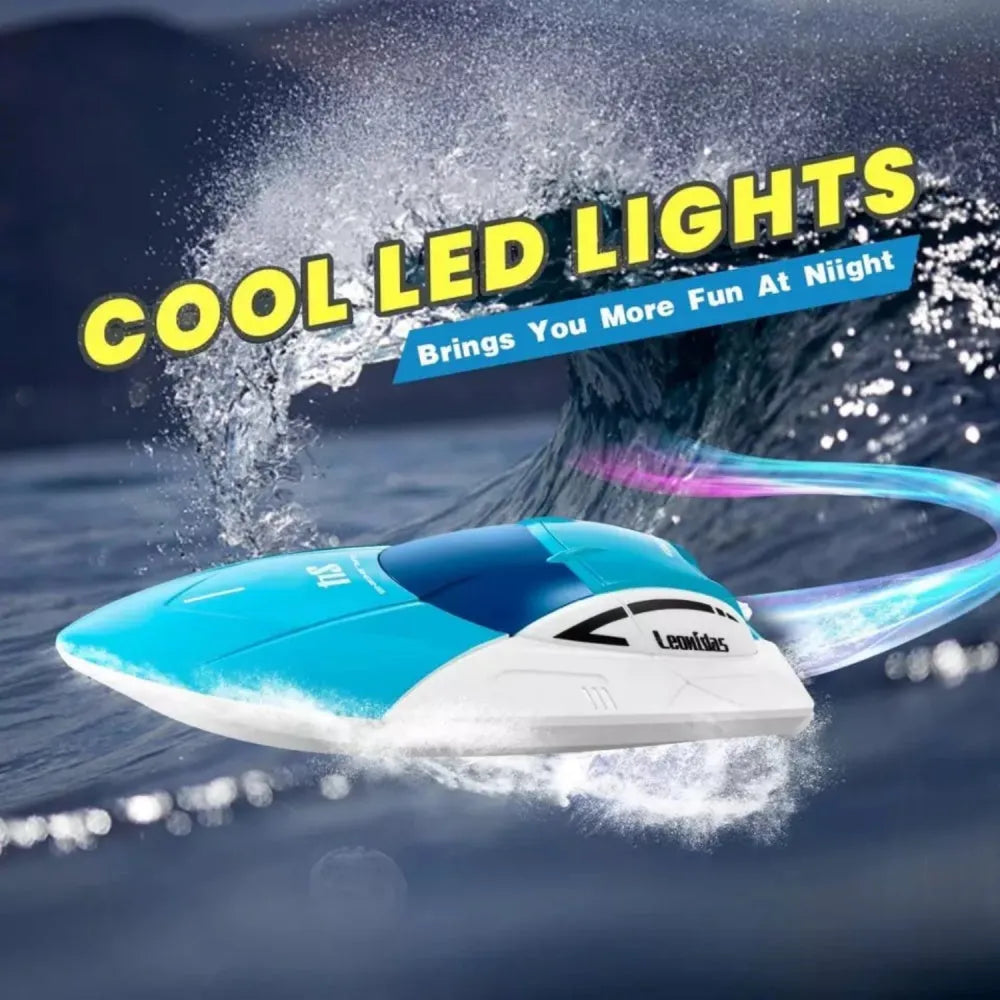 RC Speed Boat by Nova Mart, remote control toy boat for kids and adults, showing a sleek blue and white speedboat on water.