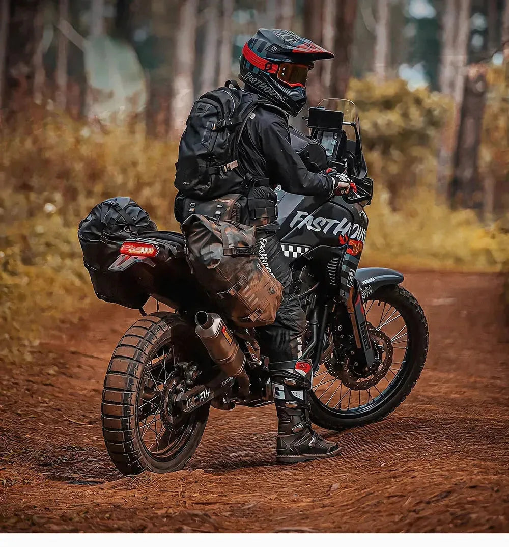 Rhinowalk waterproof motorcycle pannier saddle bags in black, designed for secure storage on motorcycle accessories.