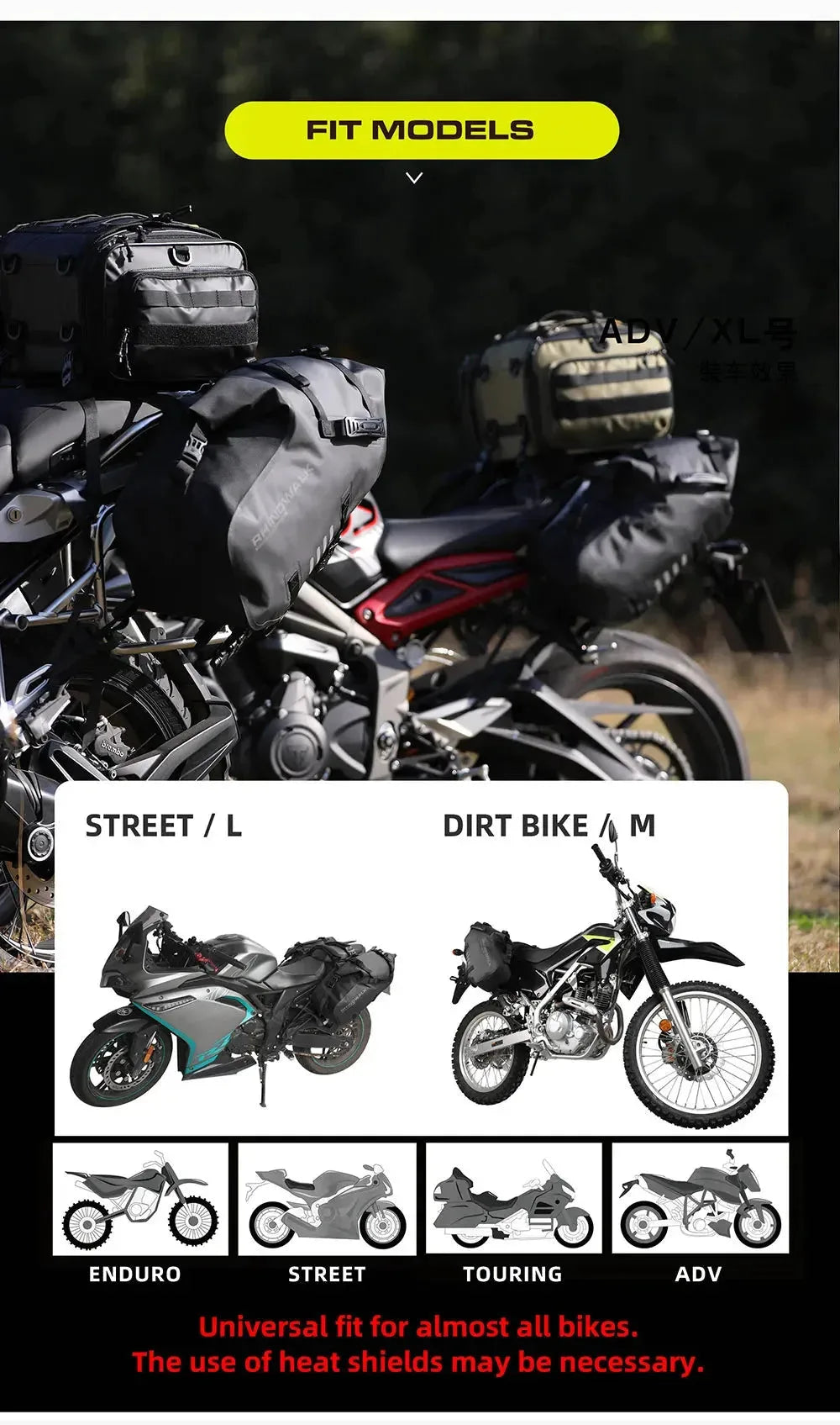 Rhinowalk waterproof motorcycle pannier saddle bags by Nova Mart mounted on a motorcycle for secure storage.