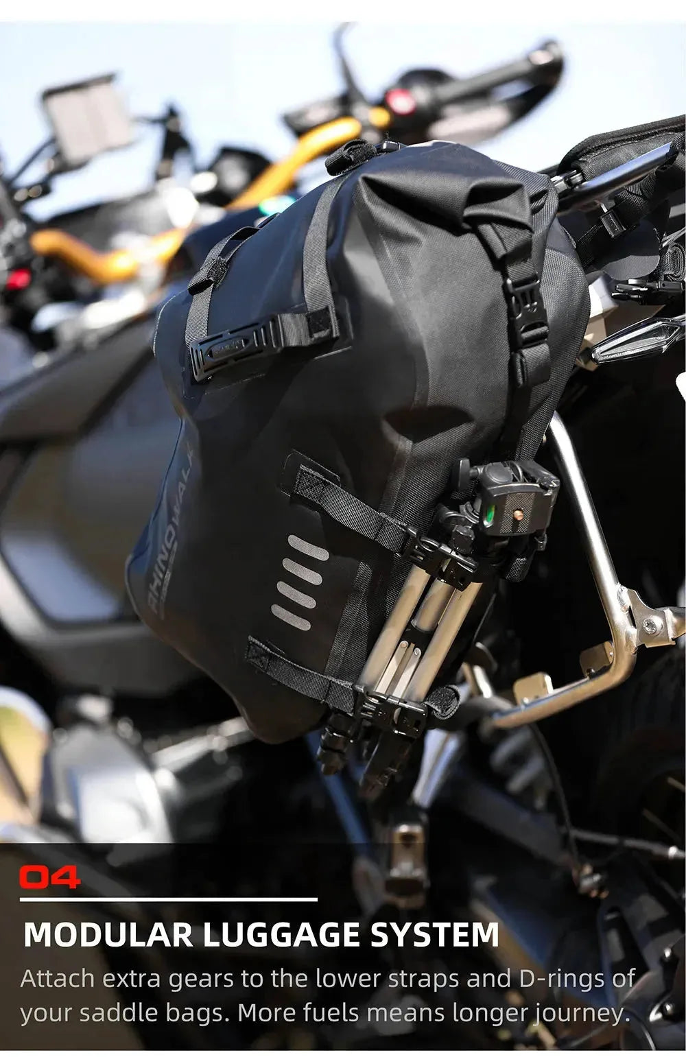 Rhinowalk waterproof motorcycle pannier saddle bags by Nova Mart, durable black motorcycle accessory with secure straps.