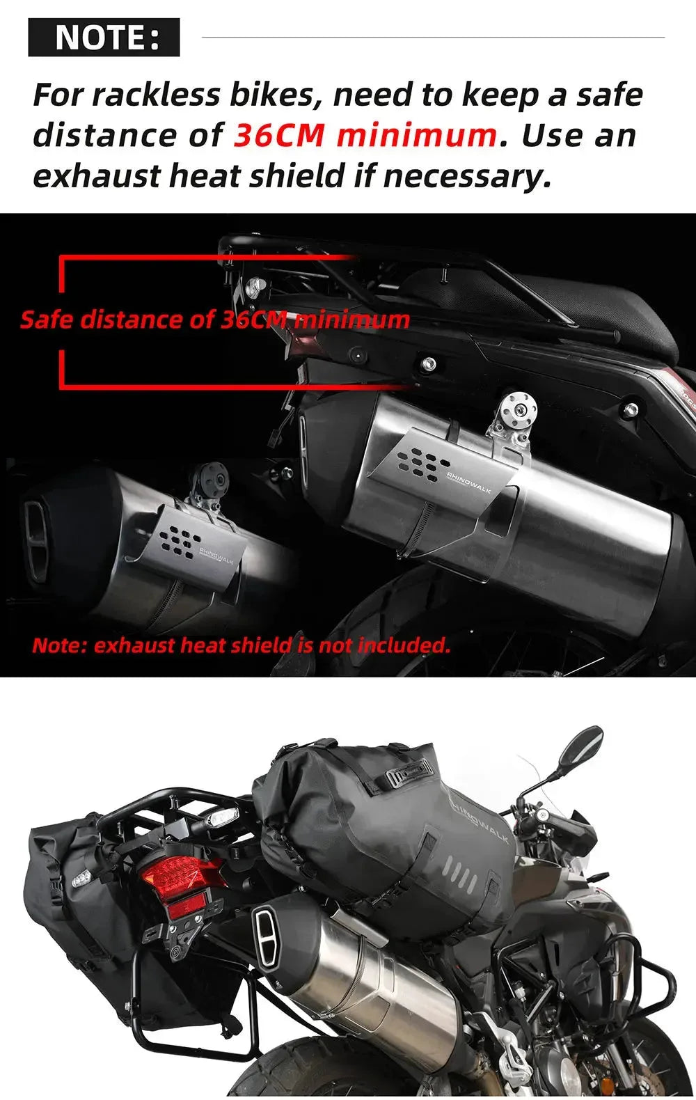 Rhinowalk waterproof motorcycle pannier saddle bags by Nova Mart shown on a motorcycle for outdoor touring and travel.