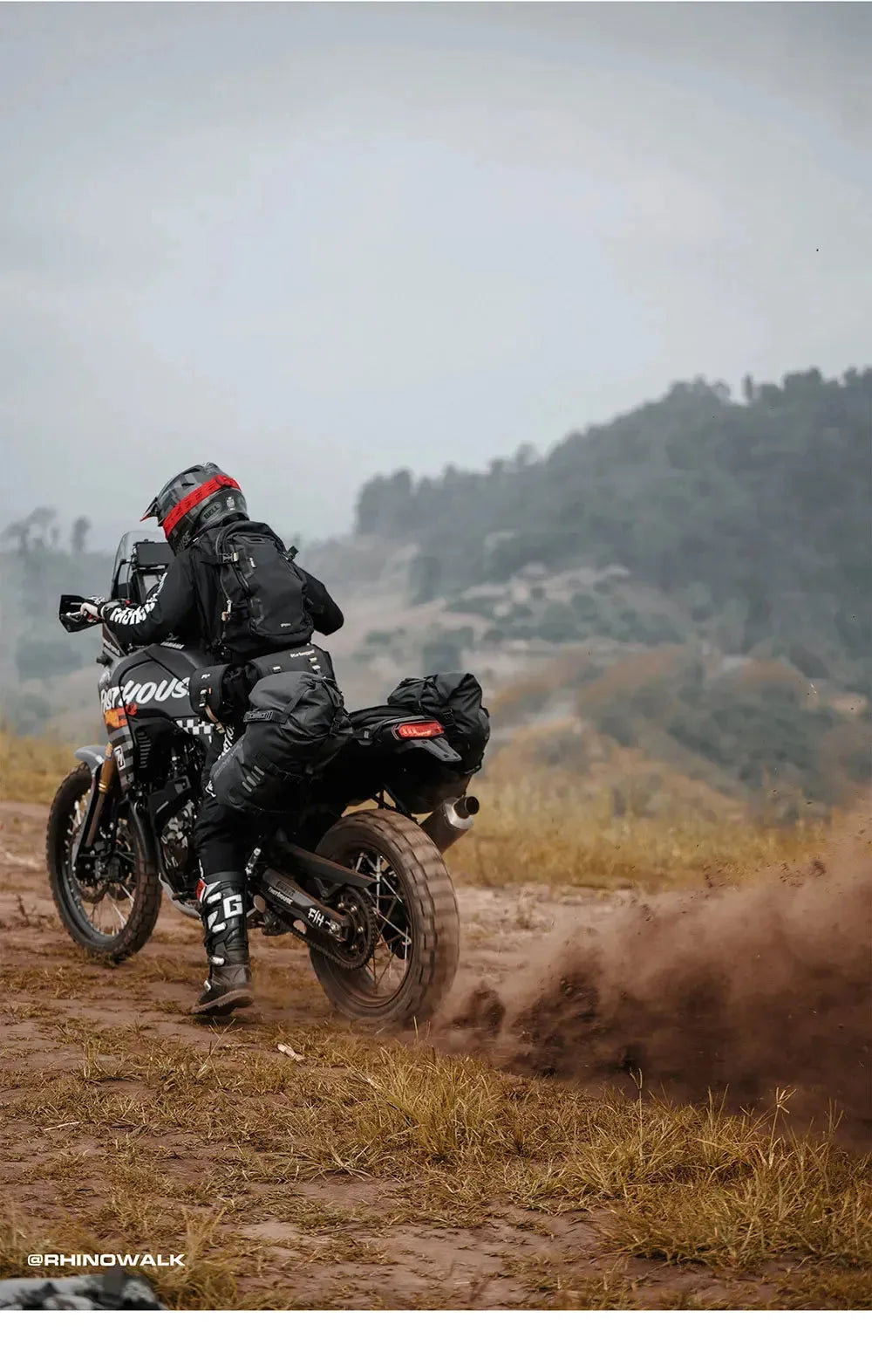 Nova Mart Rhinowalk waterproof motorcycle pannier saddle bags attached to a bike for secure storage during rides.