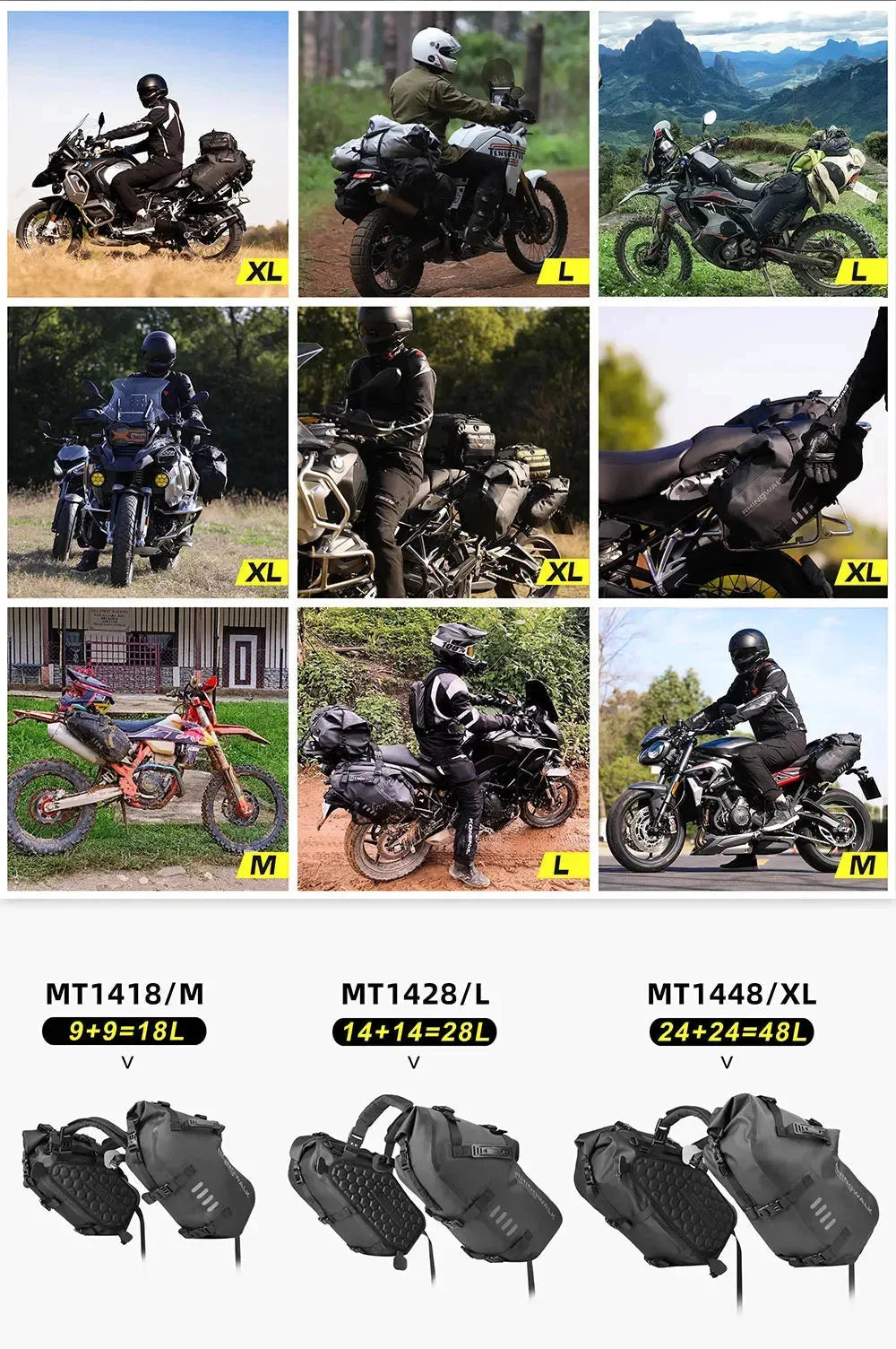Rhinowalk waterproof motorcycle pannier saddle bags by Nova Mart attached to a motorcycle for touring and storage.