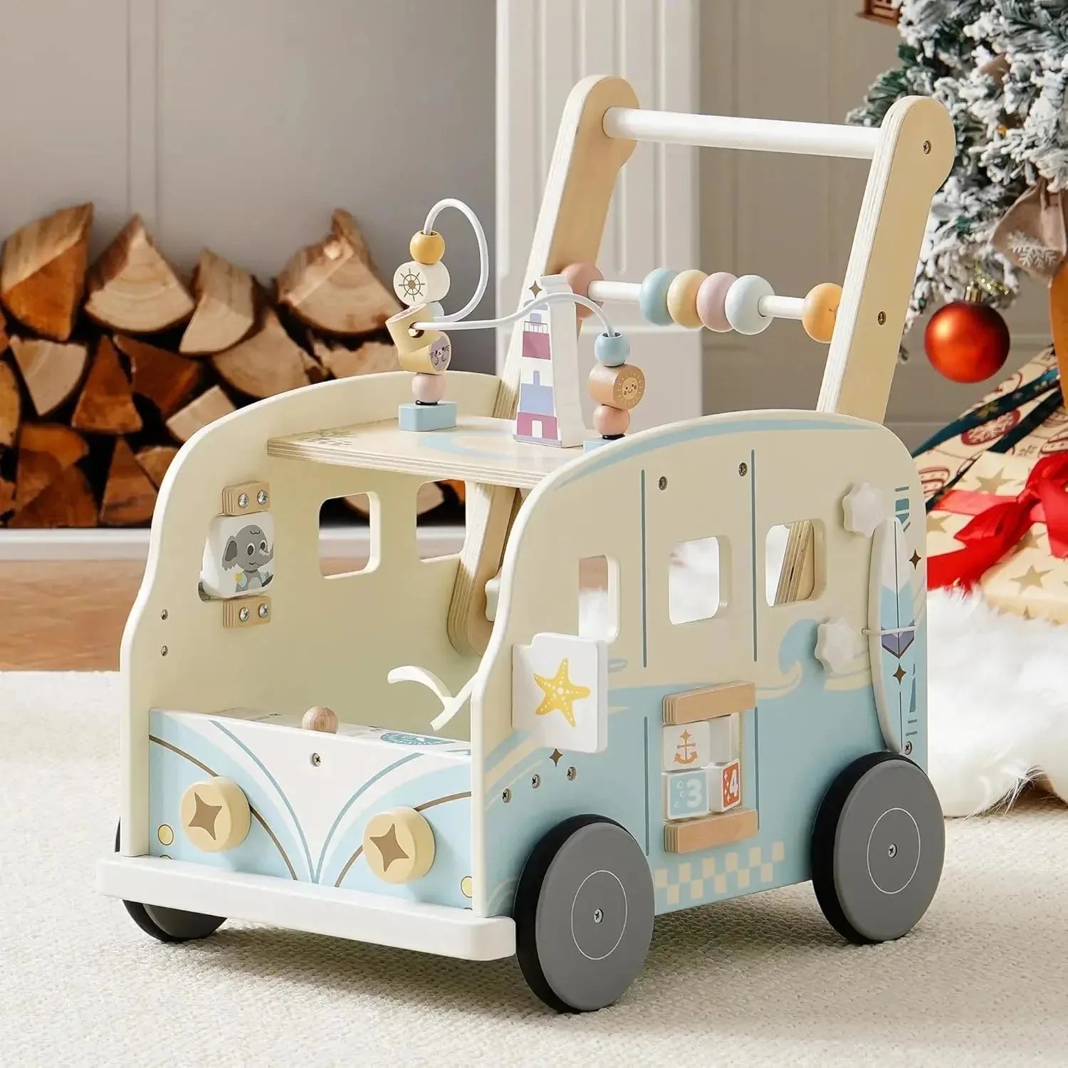 Wooden baby walker with wheels by Nova Mart, suitable for boys and girls, featuring a classic design and sturdy construction.