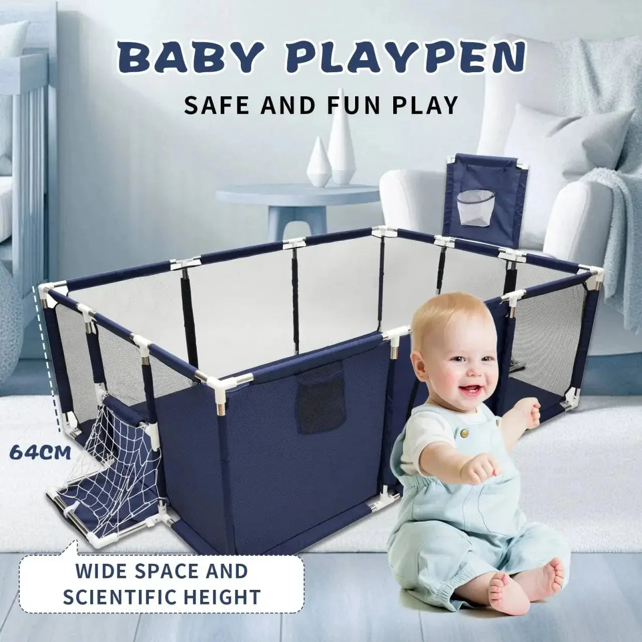Baby playpen by Nova Mart with basketball frame for indoor kids' playground, featuring colorful safety mesh and a basketball hoop.