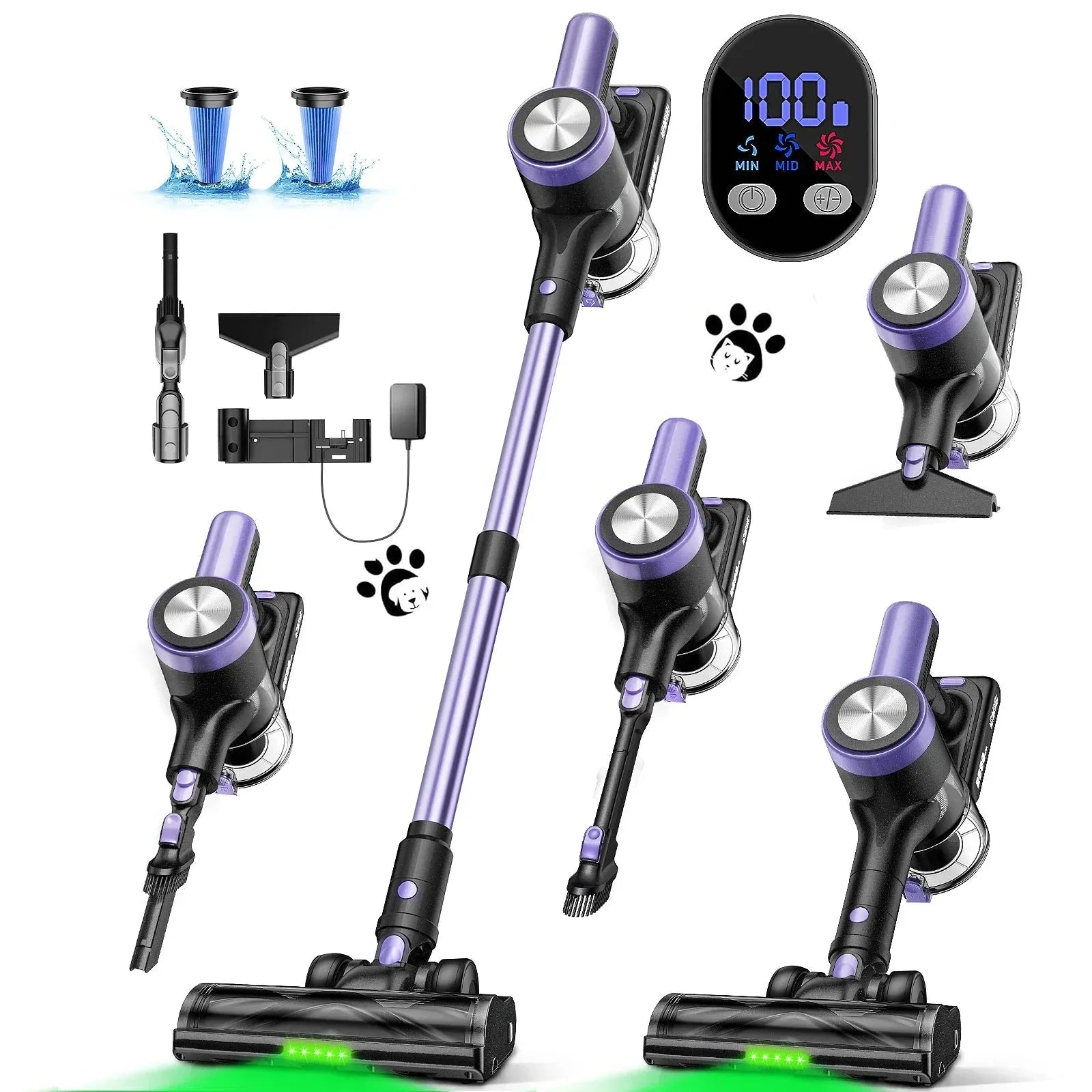 Nova Mart cordless vacuum cleaner with 500W power, 55Kpa suction, smart LED screen, and self-standing design.