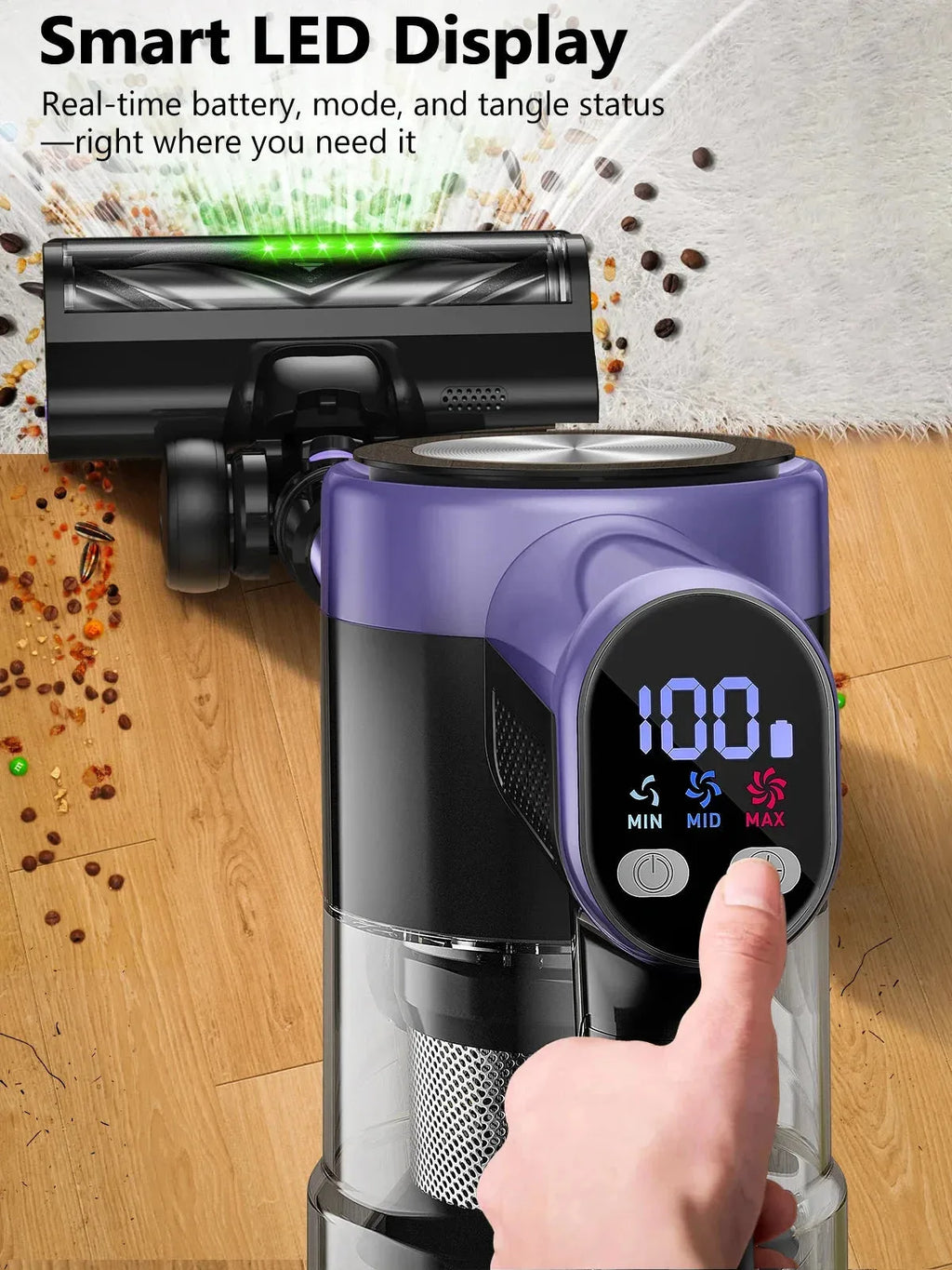Nova Mart cordless vacuum cleaner with LED screen, 500W power, 55Kpa suction, and self-standing design for efficient cleaning.