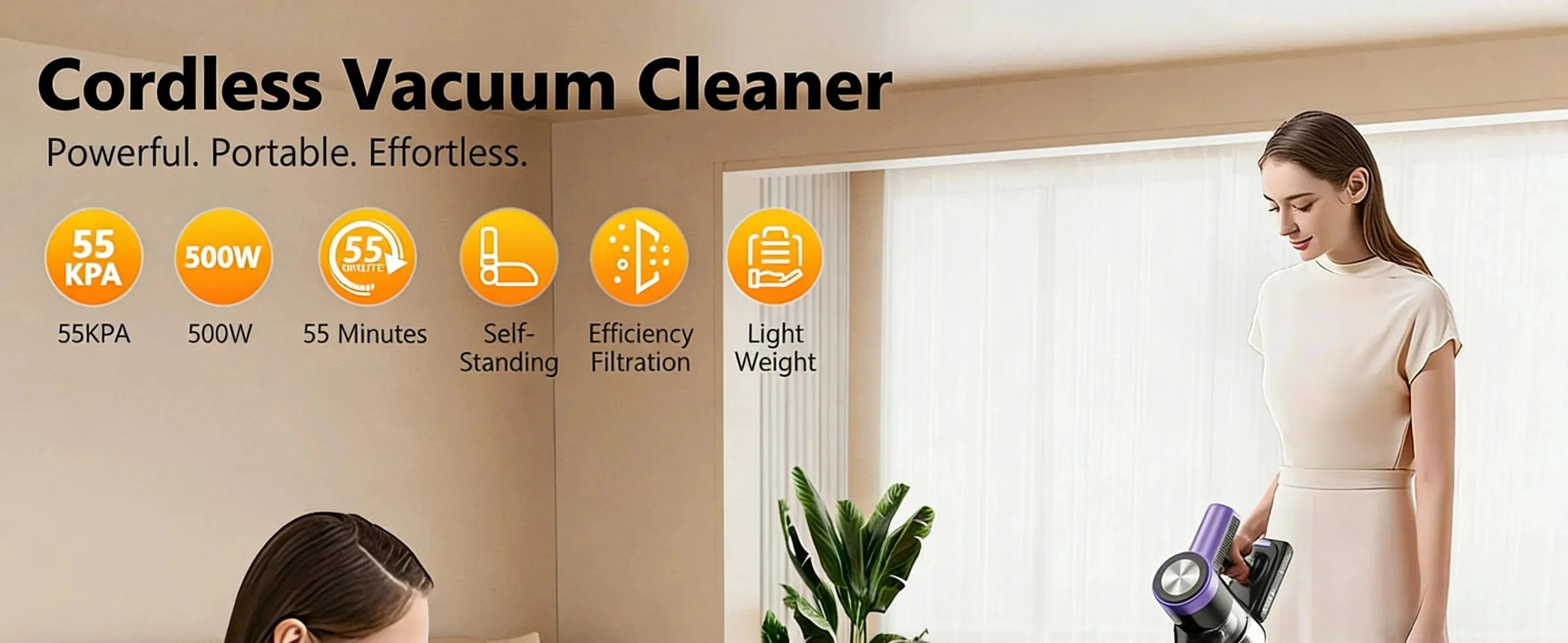 Nova Mart cordless vacuum cleaner with LED screen, 500W power, 55Kpa suction, self-standing design, suitable for easy cleaning.