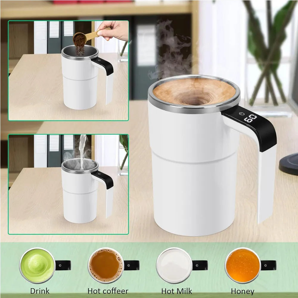 Self-stirring Nova Mart mug with auto magnetic stir feature and digital temperature display, designed for convenient kitchen use.