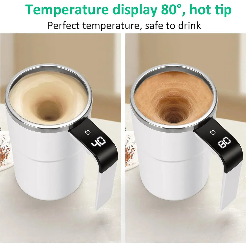 Nova Mart self-stirring mug with auto magnetic stir mechanism and digital temperature display, perfect for kitchen and dining use.