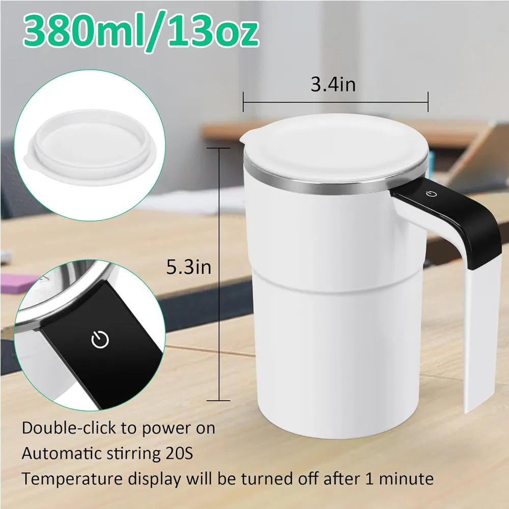 Self-stirring mug by Nova Mart with auto magnetic stir, temperature display, perfect for kitchen and dining use.