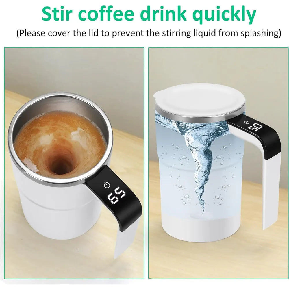 Self-stirring mug with auto magnetic stir and digital temperature display, featuring a sleek design for kitchen and dining use.
