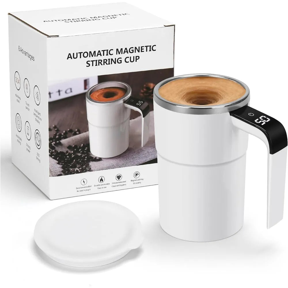 Self-stirring mug by Nova Mart with magnetic stirrer and digital temperature display, shown with hot beverage inside.