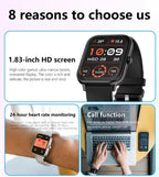Nova Mart smart watch with 1.83-inch display, showing heart rate, fitness tracking, and digital clock on a sleek black strap.