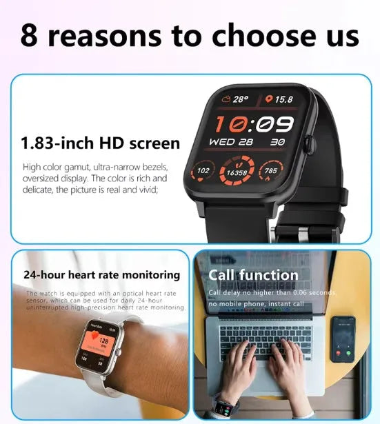 Nova Mart smart watch with 1.83-inch display, showing heart rate, fitness tracking, and digital clock on a sleek black strap.