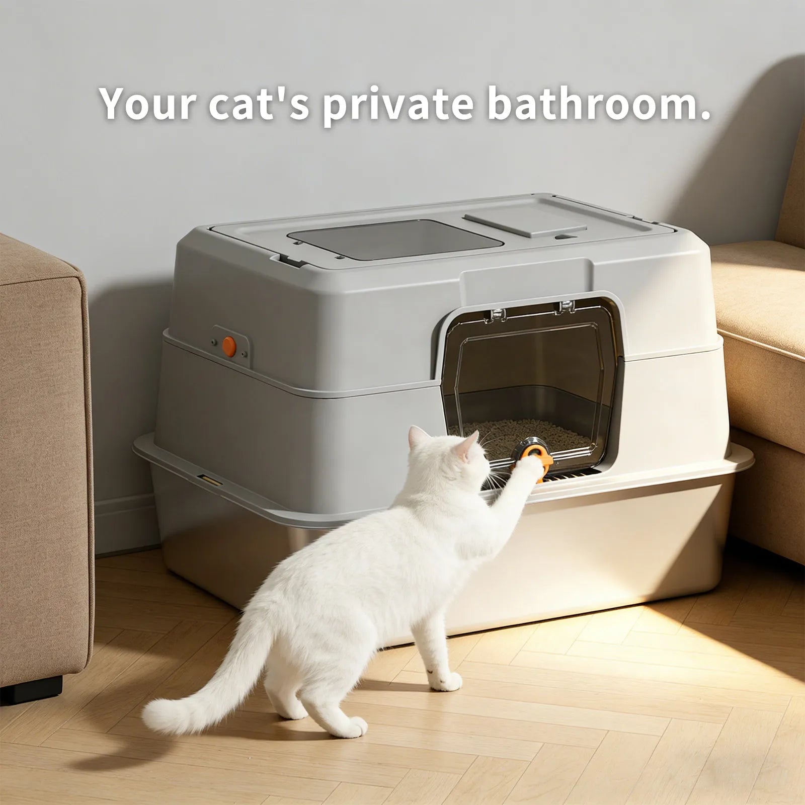Stainless steel Nova Mart enclosed cat litter box with odor-proof design, featuring a sleek, durable pet care solution for cats.