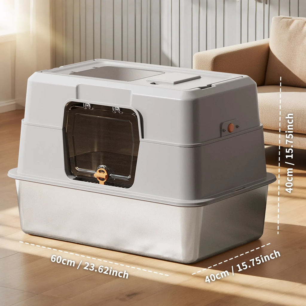 Stainless steel enclosed cat litter box by Nova Mart, odor-proof pet care container with secure lid and ventilation for cats.