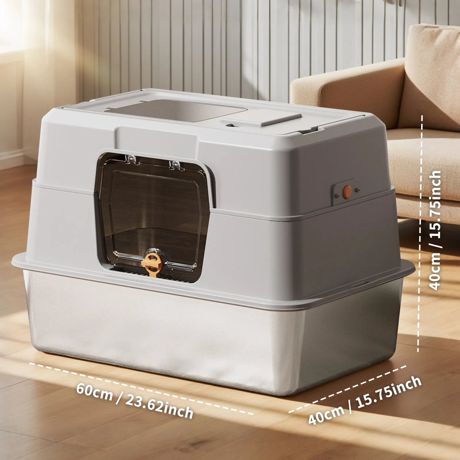Stainless steel enclosed cat litter box by Nova Mart, odor-proof pet care container with secure lid and ventilation for cats.