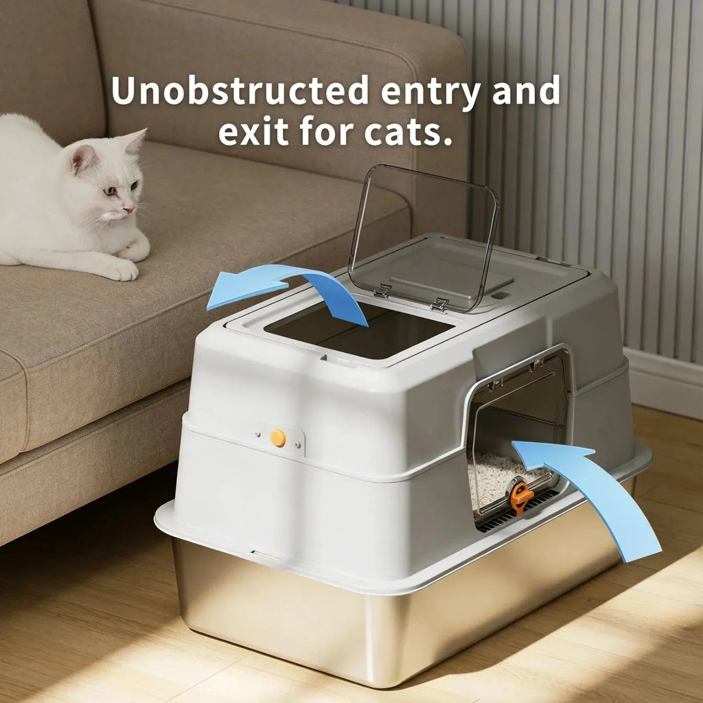 Stainless steel enclosed cat litter box by Nova Mart with odour-proof design, featuring a sleek, durable pet care solution.