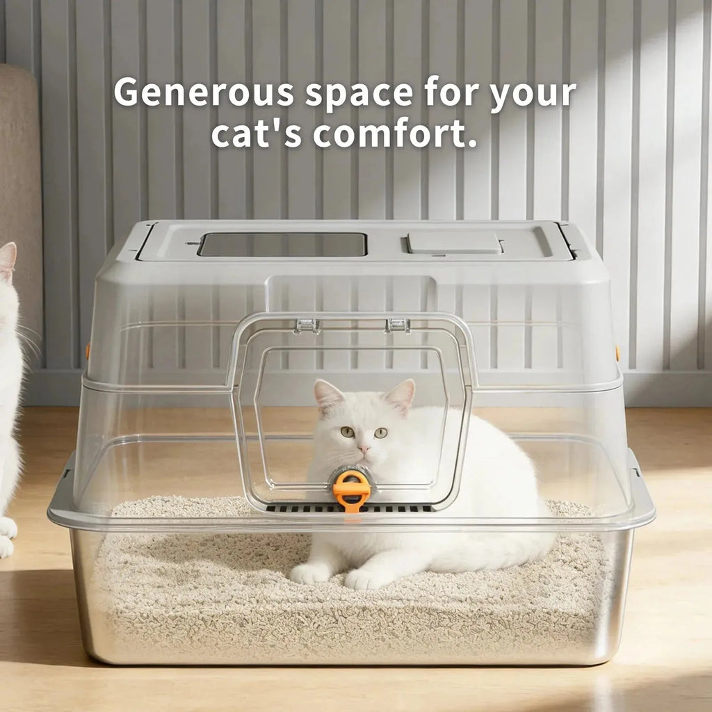 Stainless steel enclosed cat litter box by Nova Mart, odour-proof pet care container with a secure lid and ventilation holes.