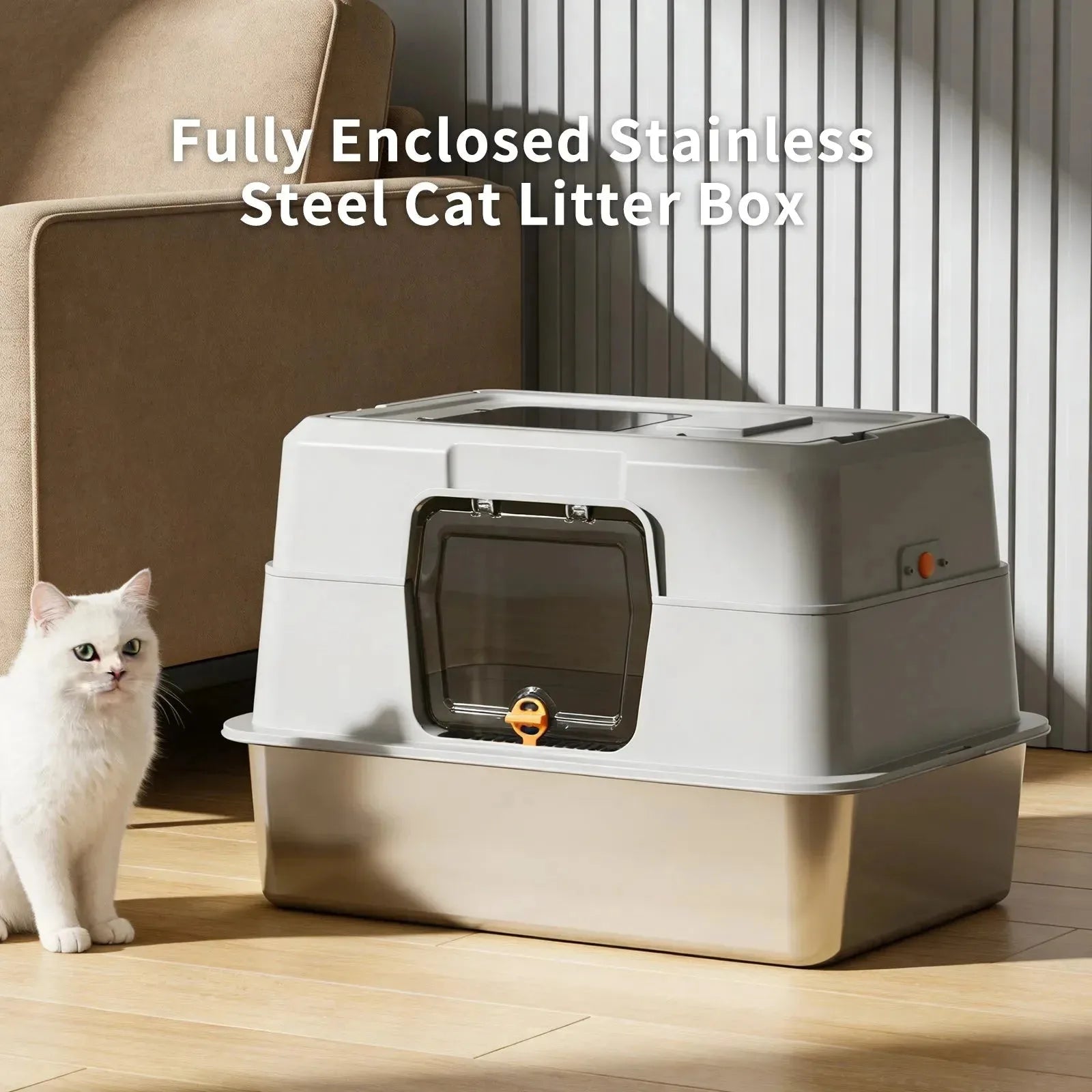 Stainless steel enclosed cat litter box by Nova Mart with odour-proof design, featuring a sleek, durable pet care solution for cats.