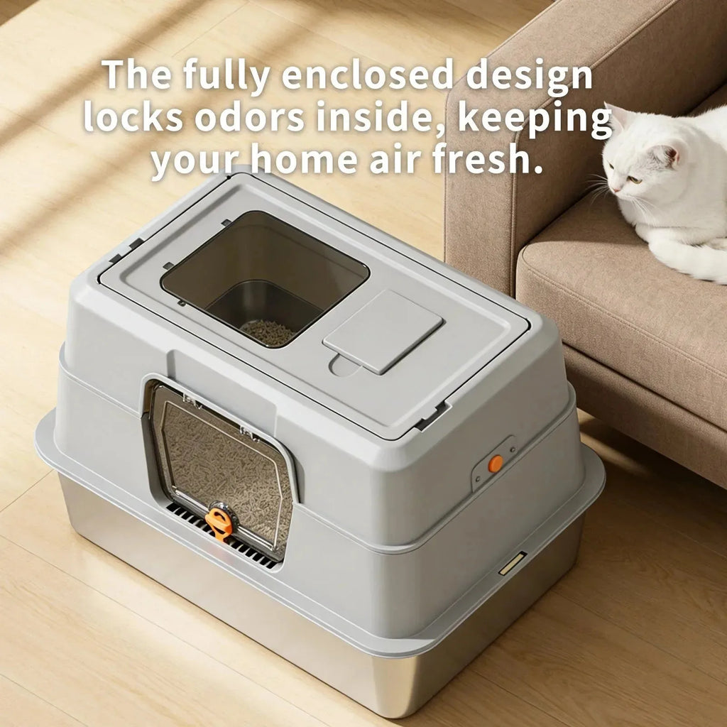 Stainless steel enclosed cat litter box by Nova Mart with odour-proof design, featuring a sleek, modern pet care solution.