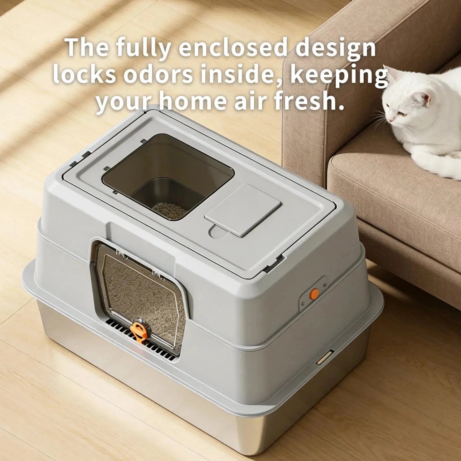 Stainless steel enclosed cat litter box by Nova Mart with odour-proof design, featuring a sleek, modern pet care solution.
