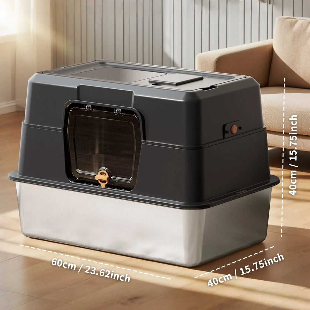 Stainless steel enclosed cat litter box by Nova Mart, odor-proof pet care container with a sleek, modern design for cats.