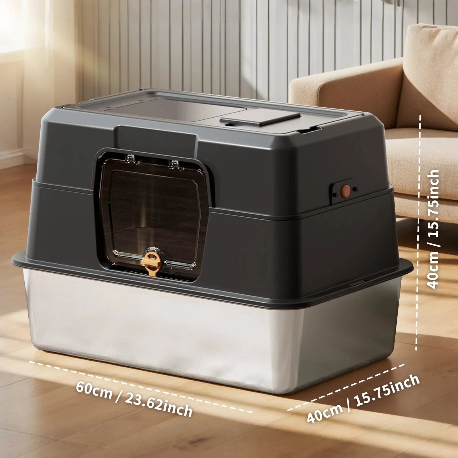 Stainless steel enclosed cat litter box by Nova Mart, odor-proof pet care container with a sleek, modern design for cats.