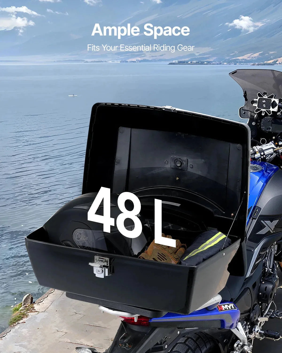 Nova Mart SucceBuy 48L motorcycle top case with backrest and lock, mounted on a motorcycle for secure storage.