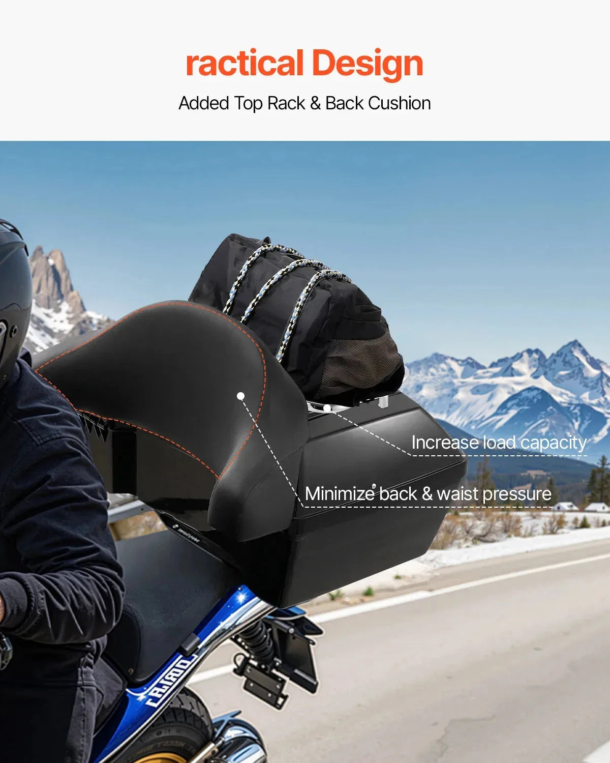 Nova Mart SucceBuy 48L motorcycle top case with backrest and lock, mounted on a motorcycle for secure storage.