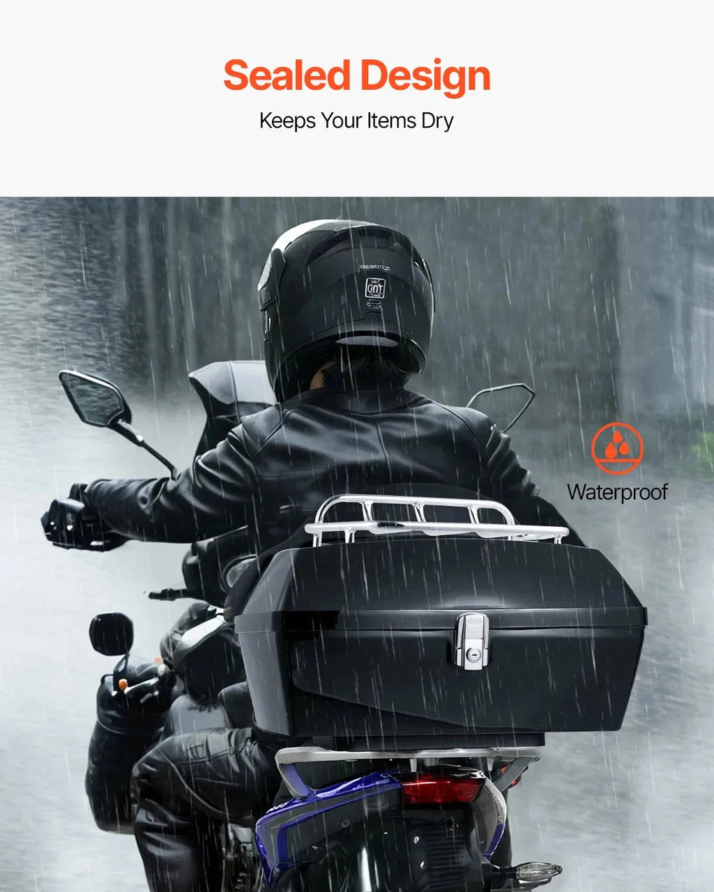 Nova Mart SucceBuy 48L motorcycle top case with backrest, lock, and durable design for secure storage on bikes.