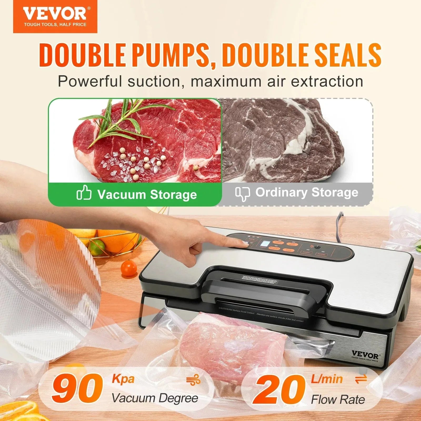 Nova Mart SucceBuy 90Kpa vacuum sealer with digital controls and 10 free sealing bags, ideal for preserving food freshness.