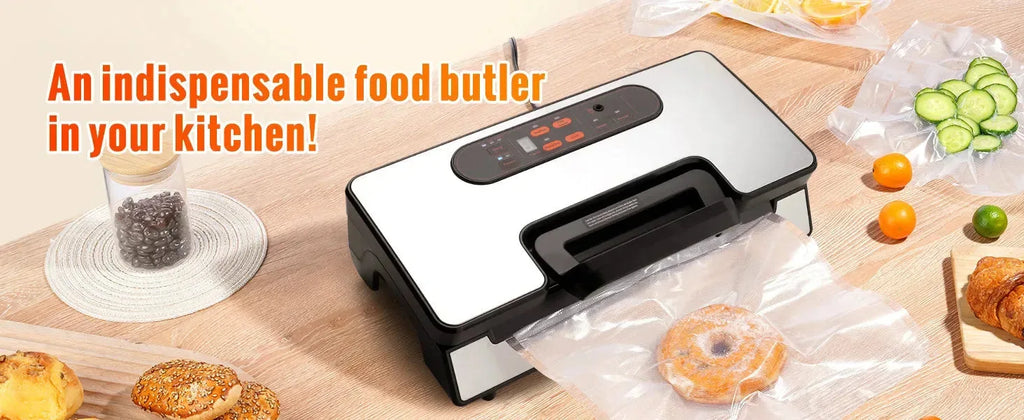 Nova Mart SucceBuy 90Kpa vacuum sealer with digital controls and included free bags, ideal for preserving food in the kitchen.