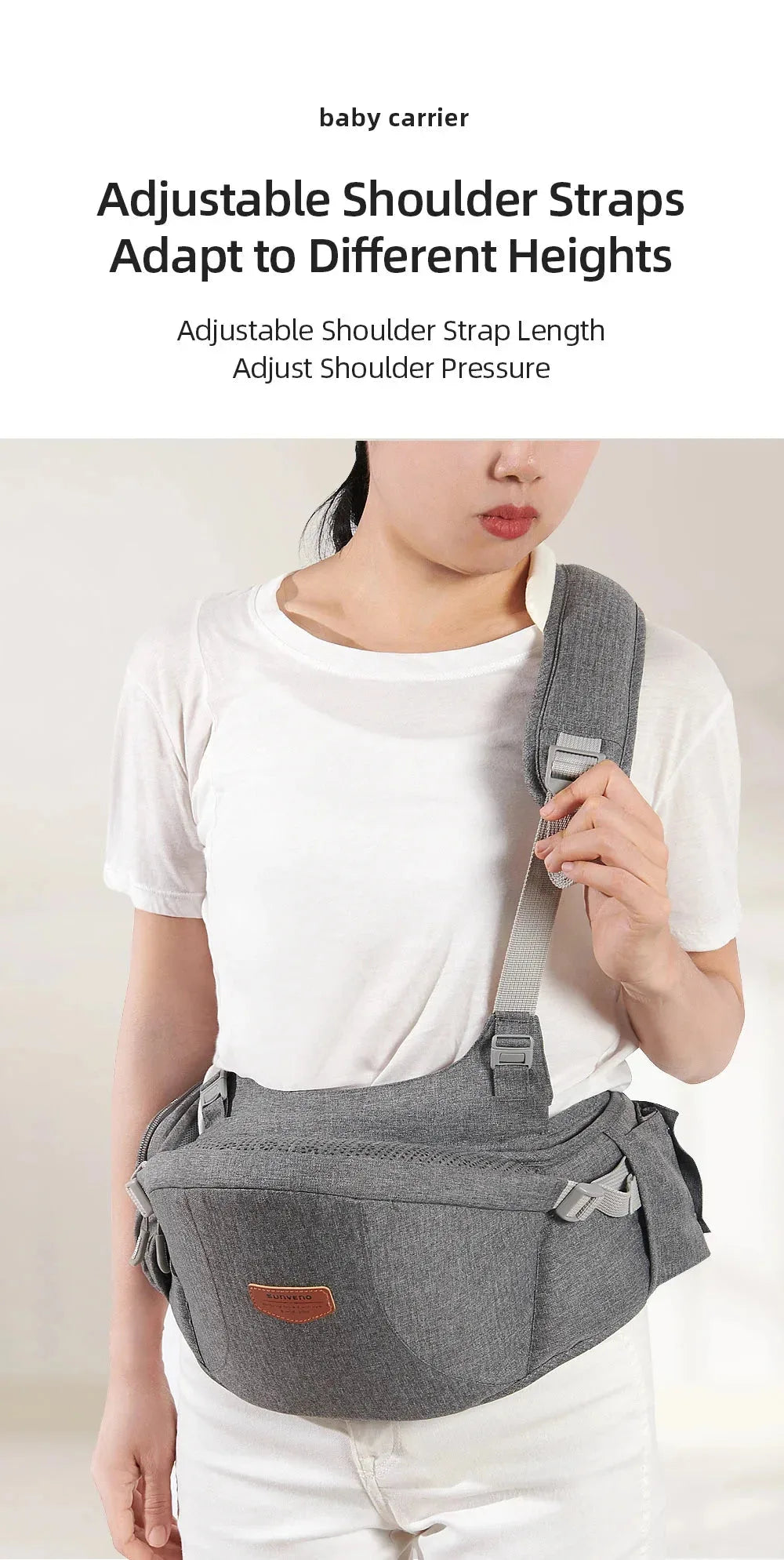 Sunveno adjustable one-shoulder baby carrier by Nova Mart, showing soft fabric and ergonomic design for comfortable baby carrying.