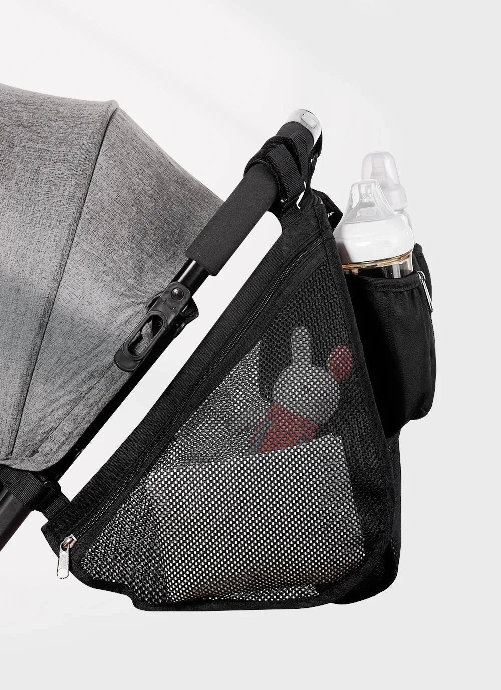 Nova Mart Sunveno baby stroller organizer bag with storage, shown attached to a stroller for convenient organization of essentials.
