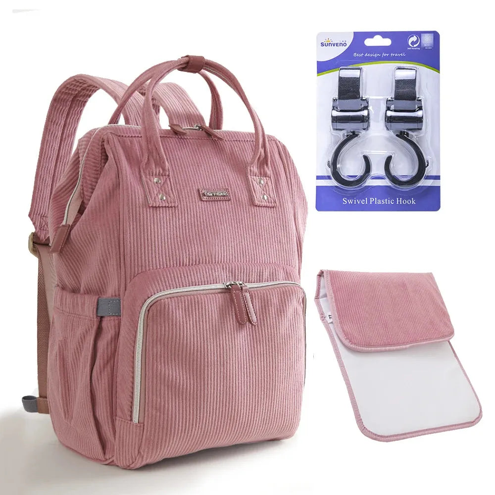 Sunveno diaper bag mommy backpack with nappy organizer, featuring multiple compartments and adjustable straps for convenient parenting.
