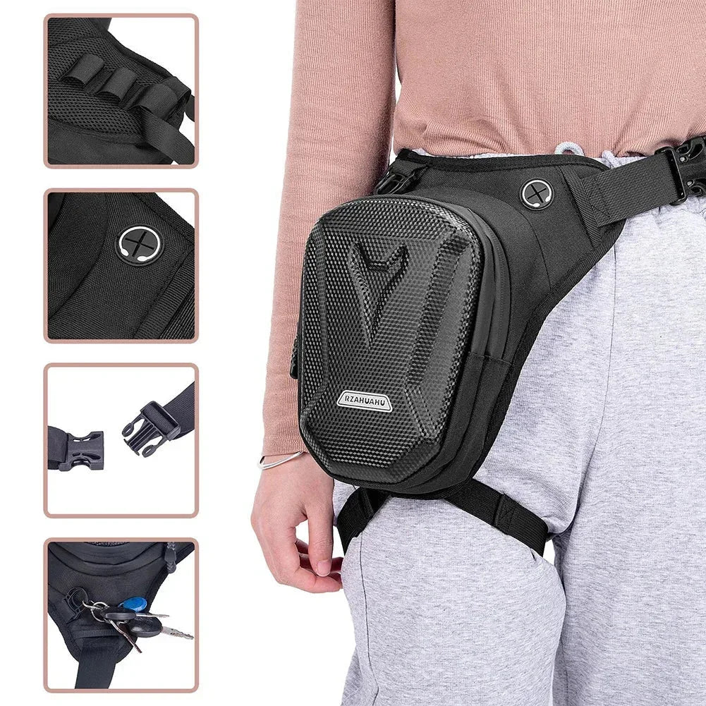 Waterproof motorcycle waist and leg bag by Nova Mart, featuring multiple compartments and adjustable straps for secure riding.