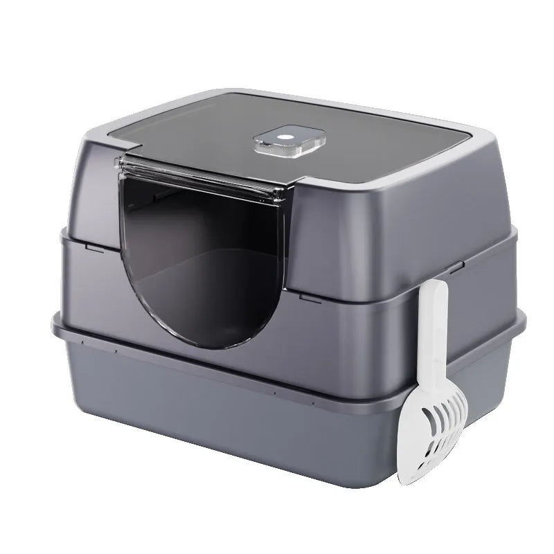 Dark gray Top Entry Fully Enclosed Cat Litter Box by Nova Mart with a secure lid and entry hole for mess containment.